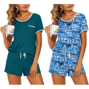 image:imageEkouaer 2 Pack Womens Pajama Sets Lightweight Summer Pajamas Short Sleeve Pj Top with Shorts Chest PocketBlue GreenBlue Good Night