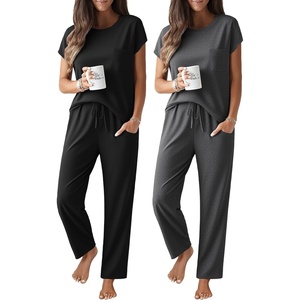 image:imageEkouaer 2 Packs Pajamas for Women Set Cap Sleeve Top and Pants Soft Sleepwear Comfy Pjs Set with Pockets LoungewearBlackDeep Grey