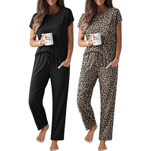 image:imageEkouaer 2 Packs Pajamas for Women Set Cap Sleeve Top and Pants Soft Sleepwear Comfy Pjs Set with Pockets LoungewearBlackLeopard