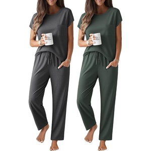 image:imageEkouaer 2 Packs Pajamas for Women Set Cap Sleeve Top and Pants Soft Sleepwear Comfy Pjs Set with Pockets LoungewearDeep GreyDeep Green