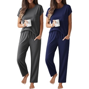 image:imageEkouaer 2 Packs Pajamas for Women Set Cap Sleeve Top and Pants Soft Sleepwear Comfy Pjs Set with Pockets LoungewearNavy BlueDeep Grey