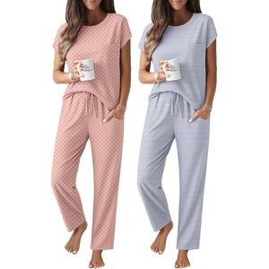 image:imageEkouaer 2 Packs Pajamas for Women Set Cap Sleeve Top and Pants Soft Sleepwear Comfy Pjs Set with Pockets LoungewearPink DotsGrey Stripe