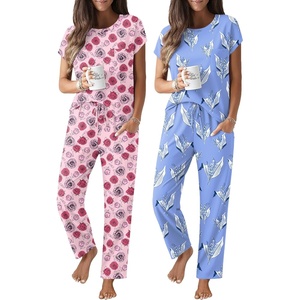 image:imageEkouaer 2 Packs Pajamas for Women Set Cap Sleeve Top and Pants Soft Sleepwear Comfy Pjs Set with Pockets LoungewearPink RoseBlue Flowers