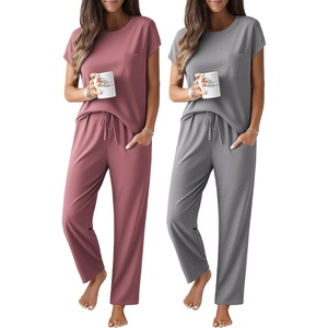 image:imageEkouaer 2 Packs Pajamas for Women Set Cap Sleeve Top and Pants Soft Sleepwear Comfy Pjs Set with Pockets LoungewearPinkGrey
