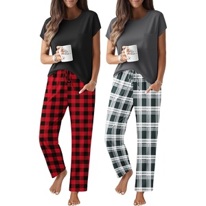 image:imageEkouaer 2 Packs Pajamas for Women Set Cap Sleeve Top and Pants Soft Sleepwear Comfy Pjs Set with Pockets LoungewearRed PlaidBlack White Plaid
