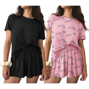 image:imageEkouaer 2 Packs Womens Pajama Set Short Sleeve Sleepwear Soft Top and Shorts Pjs Casual Outfits Lounge Set with PocketsBlackPink Heart