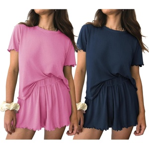 image:imageEkouaer 2 Packs Womens Pajama Set Short Sleeve Sleepwear Soft Top and Shorts Pjs Casual Outfits Lounge Set with PocketsPinkNavy Blue