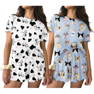 image:imageEkouaer 2 Packs Womens Pajama Set Short Sleeve Sleepwear Soft Top and Shorts Pjs Casual Outfits Lounge Set with PocketsWhite CowBlue Cat