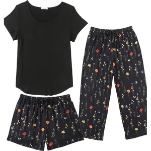 image:imageEkouaer 3 PCS Capri Pajamas for Women Set Short Sleeve Pajama Sets Floral Pj Sets Soft Sleepwear with PocketsBlack Colorful Flowers