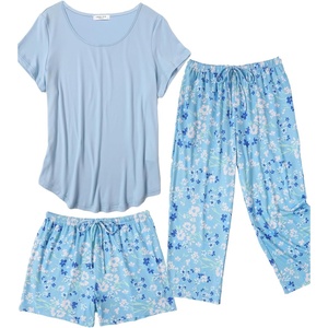 image:imageEkouaer 3 PCS Capri Pajamas for Women Set Short Sleeve Pajama Sets Floral Pj Sets Soft Sleepwear with PocketsBlue Flowers