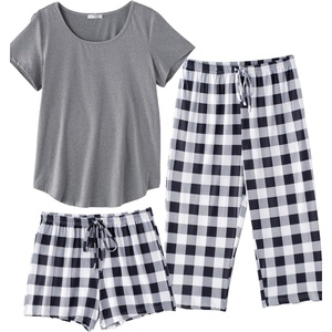 image:imageEkouaer 3 PCS Capri Pajamas for Women Set Short Sleeve Pajama Sets Floral Pj Sets Soft Sleepwear with PocketsDark Grey Plaid