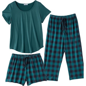 image:imageEkouaer 3 PCS Capri Pajamas for Women Set Short Sleeve Pajama Sets Floral Pj Sets Soft Sleepwear with PocketsDeep Green Plaid