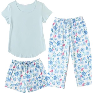 image:imageEkouaer 3 PCS Capri Pajamas for Women Set Short Sleeve Pajama Sets Floral Pj Sets Soft Sleepwear with PocketsLight Blue Colorflu Flowers