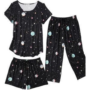 image:imageEkouaer 3 PCS Capri Pajamas for Women Set Short Sleeve Pajama Sets Floral Pj Sets Soft Sleepwear with PocketsMoon and Star