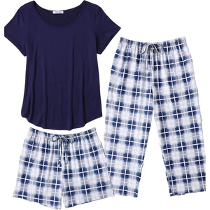 image:imageEkouaer 3 PCS Capri Pajamas for Women Set Short Sleeve Pajama Sets Floral Pj Sets Soft Sleepwear with PocketsNavy Plaid