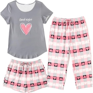 image:imageEkouaer 3 PCS Capri Pajamas for Women Set Short Sleeve Pajama Sets Floral Pj Sets Soft Sleepwear with PocketsPink and Grey Plaid