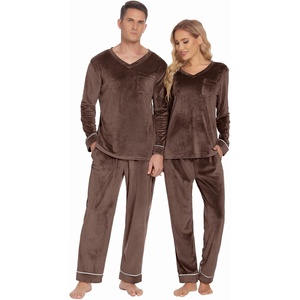 image:imageEkouaer Couples Matching Pajamas Sets Velvet PJs Set for Men and Women Velour Long Sleeve Sleepwear SXXLBrown