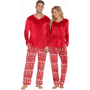 image:imageEkouaer Couples Matching Pajamas Sets Velvet PJs Set for Men and Women Velour Long Sleeve Sleepwear SXXLChristmas Red