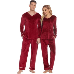 image:imageEkouaer Couples Matching Pajamas Sets Velvet PJs Set for Men and Women Velour Long Sleeve Sleepwear SXXLWine Red