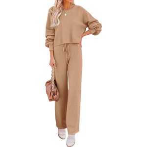 image:imageEkouaer Knit Lounge Sets for Women 2 Piece Cozy Long Sleeve Pullover Sweater Top and Wide Leg Pants Set Pajamas OutfitsKhaki