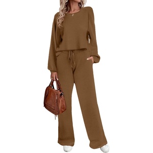 image:imageEkouaer Knit Lounge Sets for Women 2 Piece Cozy Long Sleeve Pullover Sweater Top and Wide Leg Pants Set Pajamas OutfitsLight Brown