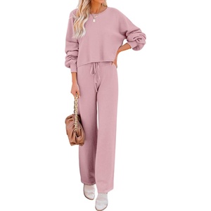 image:imageEkouaer Knit Lounge Sets for Women 2 Piece Cozy Long Sleeve Pullover Sweater Top and Wide Leg Pants Set Pajamas OutfitsPink