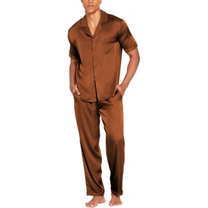 image:imageEkouaer Men Satin Silk Pajamas Set 2 Piece Button Down Sleepwear Long Pants Loungewear with PocketsBrown