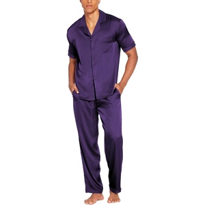 image:imageEkouaer Men Satin Silk Pajamas Set 2 Piece Button Down Sleepwear Long Pants Loungewear with PocketsDeep Purple
