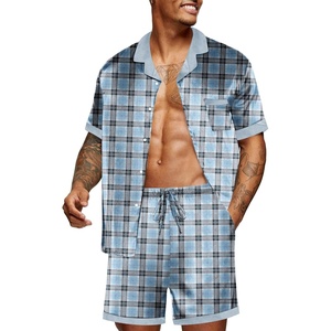 image:imageEkouaer Men Satin Silk Pajamas Set with Pockets Sleepwear Shorts Satin Summer Loungewear 2 Piece Button Down Set S3XLBlue Check