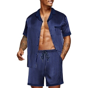 image:imageEkouaer Men Satin Silk Pajamas Set with Pockets Sleepwear Shorts Satin Summer Loungewear 2 Piece Button Down Set S3XLBlue Striped