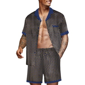 image:imageEkouaer Men Satin Silk Pajamas Set with Pockets Sleepwear Shorts Satin Summer Loungewear 2 Piece Button Down Set S3XLGeometric Yellow