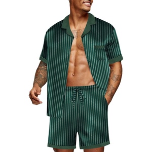 image:imageEkouaer Men Satin Silk Pajamas Set with Pockets Sleepwear Shorts Satin Summer Loungewear 2 Piece Button Down Set S3XLGreen Striped