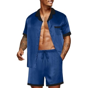 image:imageEkouaer Men Satin Silk Pajamas Set with Pockets Sleepwear Shorts Satin Summer Loungewear 2 Piece Button Down Set S3XLNavy Blue