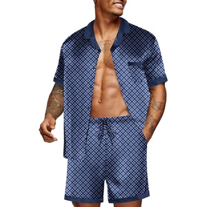 image:imageEkouaer Men Satin Silk Pajamas Set with Pockets Sleepwear Shorts Satin Summer Loungewear 2 Piece Button Down Set S3XLNavy Blue Geometry