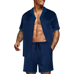 image:imageEkouaer Men Satin Silk Pajamas Set with Pockets Sleepwear Shorts Satin Summer Loungewear 2 Piece Button Down Set S3XLNavy Striped