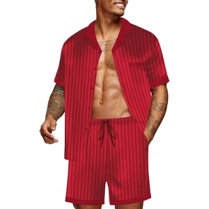 image:imageEkouaer Men Satin Silk Pajamas Set with Pockets Sleepwear Shorts Satin Summer Loungewear 2 Piece Button Down Set S3XLRed Striped