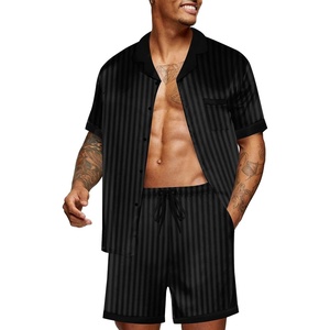 image:imageEkouaer Men Satin Silk Pajamas Set with Pockets Sleepwear Shorts Satin Summer Loungewear 2 Piece Button Down Set S3XLStripe Black