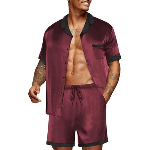 image:imageEkouaer Men Satin Silk Pajamas Set with Pockets Sleepwear Shorts Satin Summer Loungewear 2 Piece Button Down Set S3XLWine Red