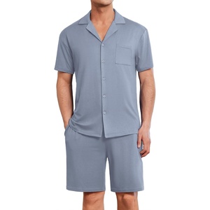 image:imageEkouaer Mens Pajamas Set Short Sleeve Sleepwear Button Down Soft Loungewear 2 Piece Pj Shorts Sets with PocketsGrey Blue