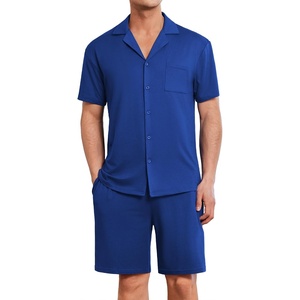 image:imageEkouaer Mens Pajamas Set Short Sleeve Sleepwear Button Down Soft Loungewear 2 Piece Pj Shorts Sets with PocketsNavy Blue