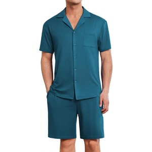 image:imageEkouaer Mens Pajamas Set Short Sleeve Sleepwear Button Down Soft Loungewear 2 Piece Pj Shorts Sets with PocketsOxford Blue