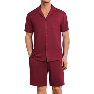 image:imageEkouaer Mens Pajamas Set Short Sleeve Sleepwear Button Down Soft Loungewear 2 Piece Pj Shorts Sets with PocketsWine Red
