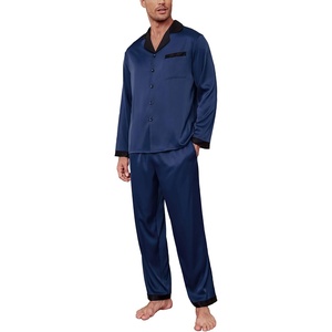 image:imageEkouaer Mens Silk Pajama Set Long Satin Loungewear 2 Piece Pjs Classic Button Down Sleepwear SXXLNavy Blue
