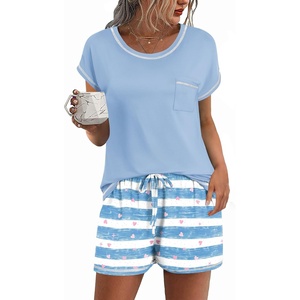 image:imageEkouaer Pajama Set for Women Short Sleeve Tops and Shorts Set 2 Piece Pjs Classic Loungewear with PocketsBlue Strippes