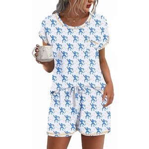 image:imageEkouaer Pajama Set for Women Short Sleeve Tops and Shorts Set 2 Piece Pjs Classic Loungewear with PocketsCartoon Blue Monkey