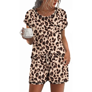 image:imageEkouaer Pajama Set for Women Short Sleeve Tops and Shorts Set 2 Piece Pjs Classic Loungewear with PocketsCartoon Brown Leopard