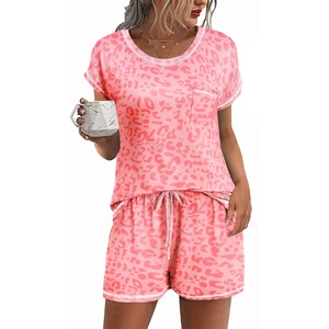 image:imageEkouaer Pajama Set for Women Short Sleeve Tops and Shorts Set 2 Piece Pjs Classic Loungewear with PocketsCartoon Pink Leopard Print