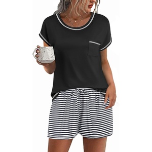 image:imageEkouaer Pajama Set for Women Short Sleeve Tops and Shorts Set 2 Piece Pjs Classic Loungewear with PocketsStripes Black White