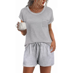 image:imageEkouaer Pajama Set for Women Short Sleeve Tops and Shorts Set 2 Piece Pjs Classic Loungewear with PocketsStripes Dark Grey