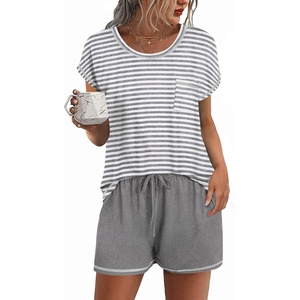image:imageEkouaer Pajama Set for Women Short Sleeve Tops and Shorts Set 2 Piece Pjs Classic Loungewear with PocketsStripes Light Grey